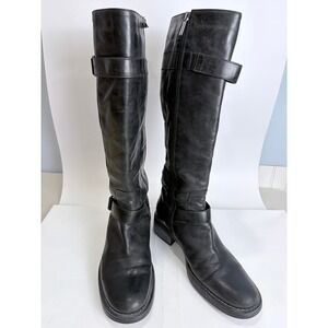 Aquatalia Black Leather Knee High Riding Boots Lug Sole Biker Side Zip Italy 11"